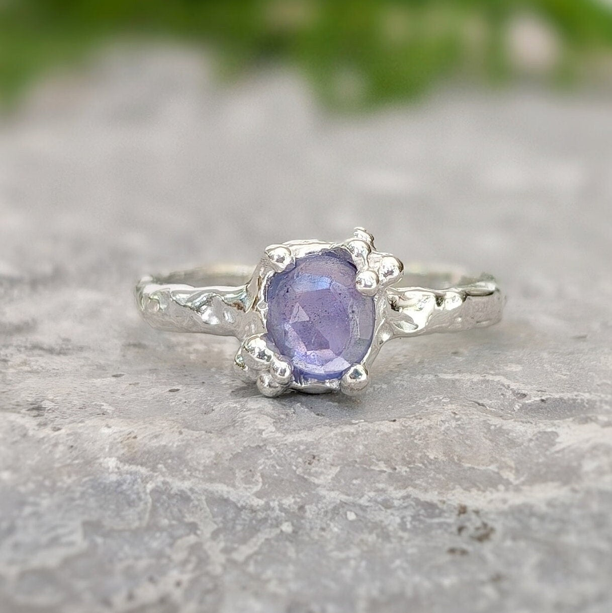 Natural Tanzanite ring - Silver textured gemstone ring - Moondrop Creations