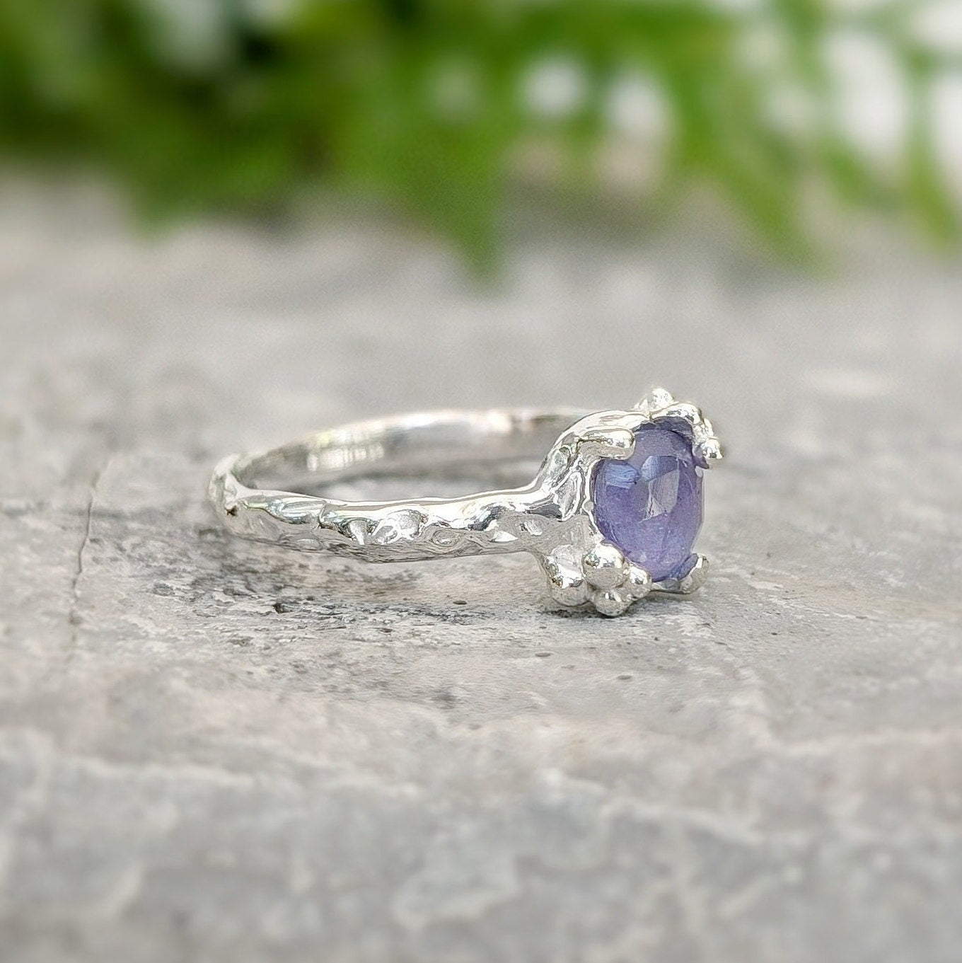 Natural Tanzanite ring - Silver textured gemstone ring - Moondrop Creations