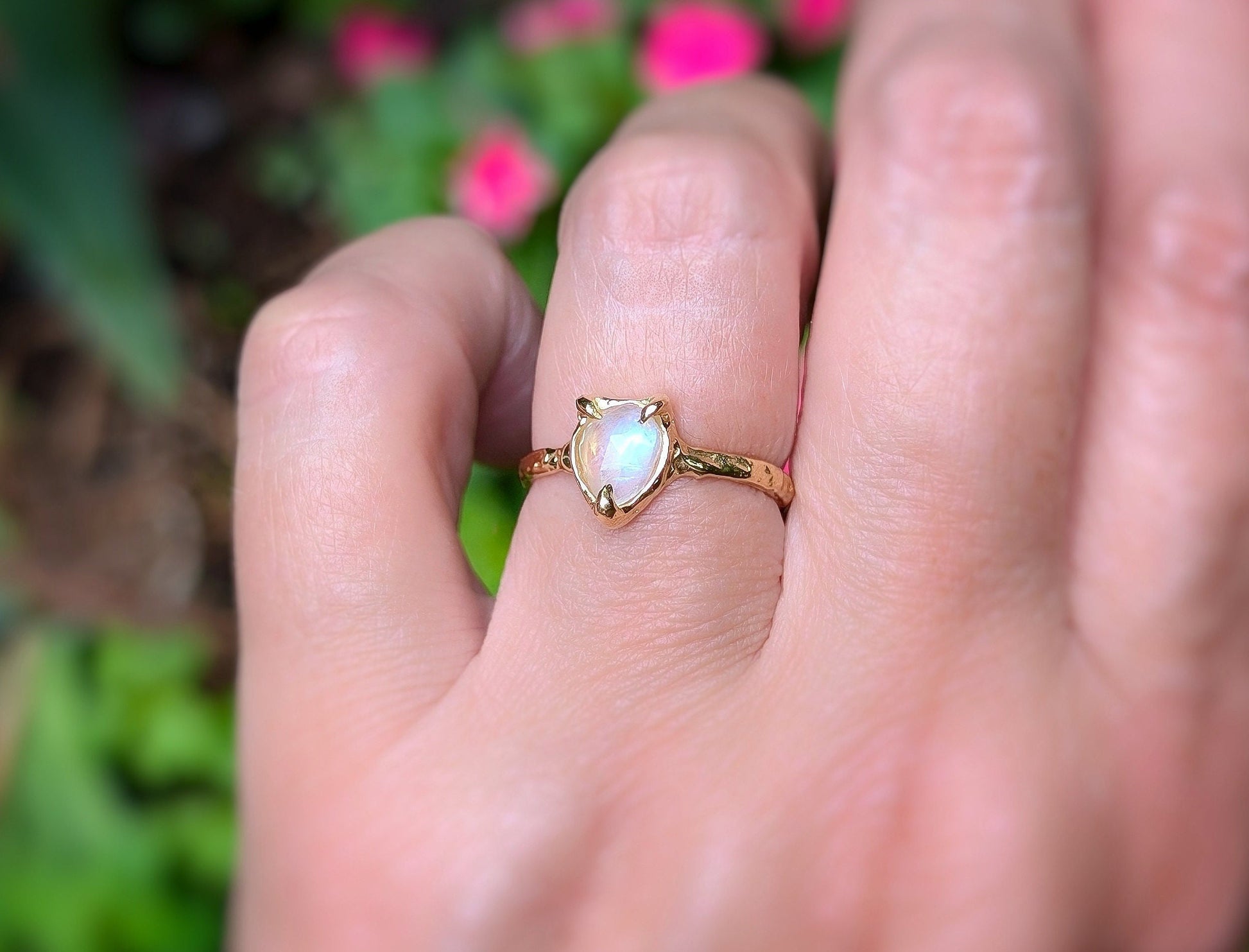 Rainbow Moonstone textured ring in Solid 14k Gold - Moondrop Creations