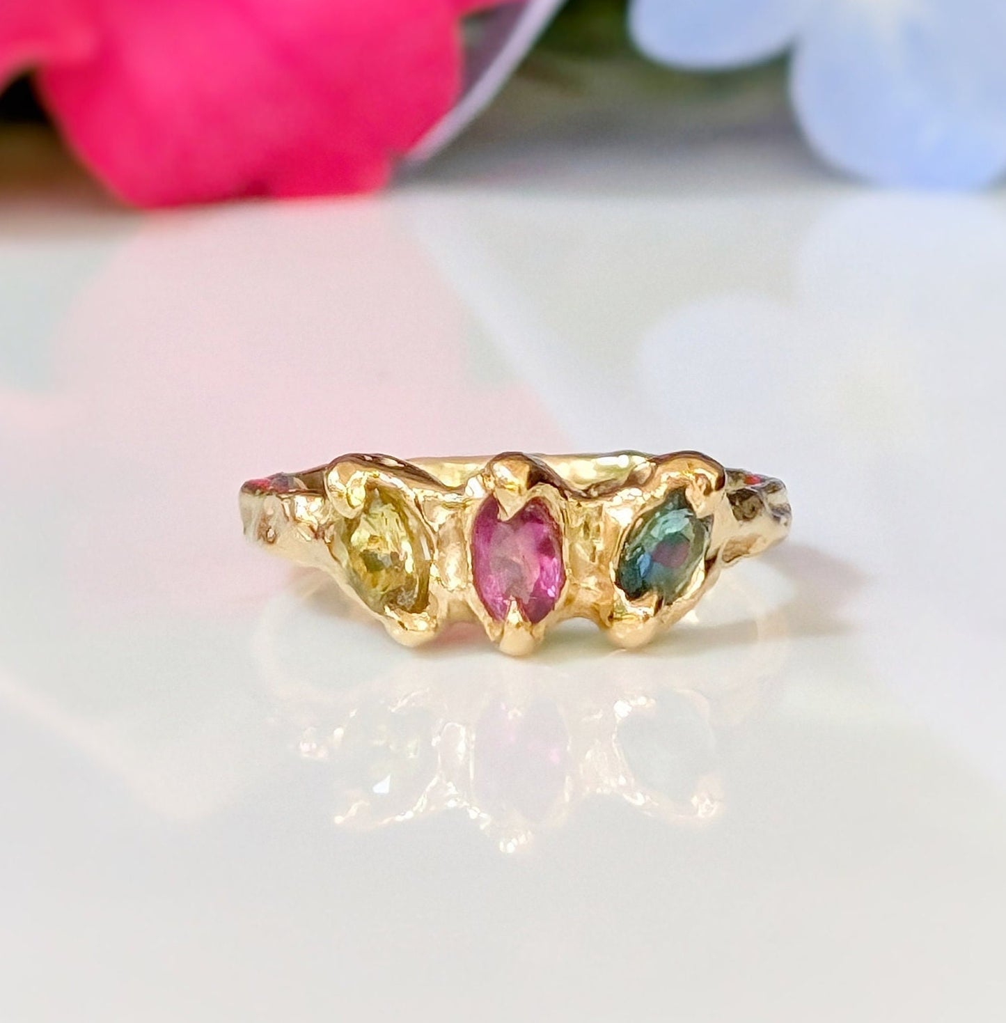 Solid Gold multi Tourmaline ring - Moondrop Creations