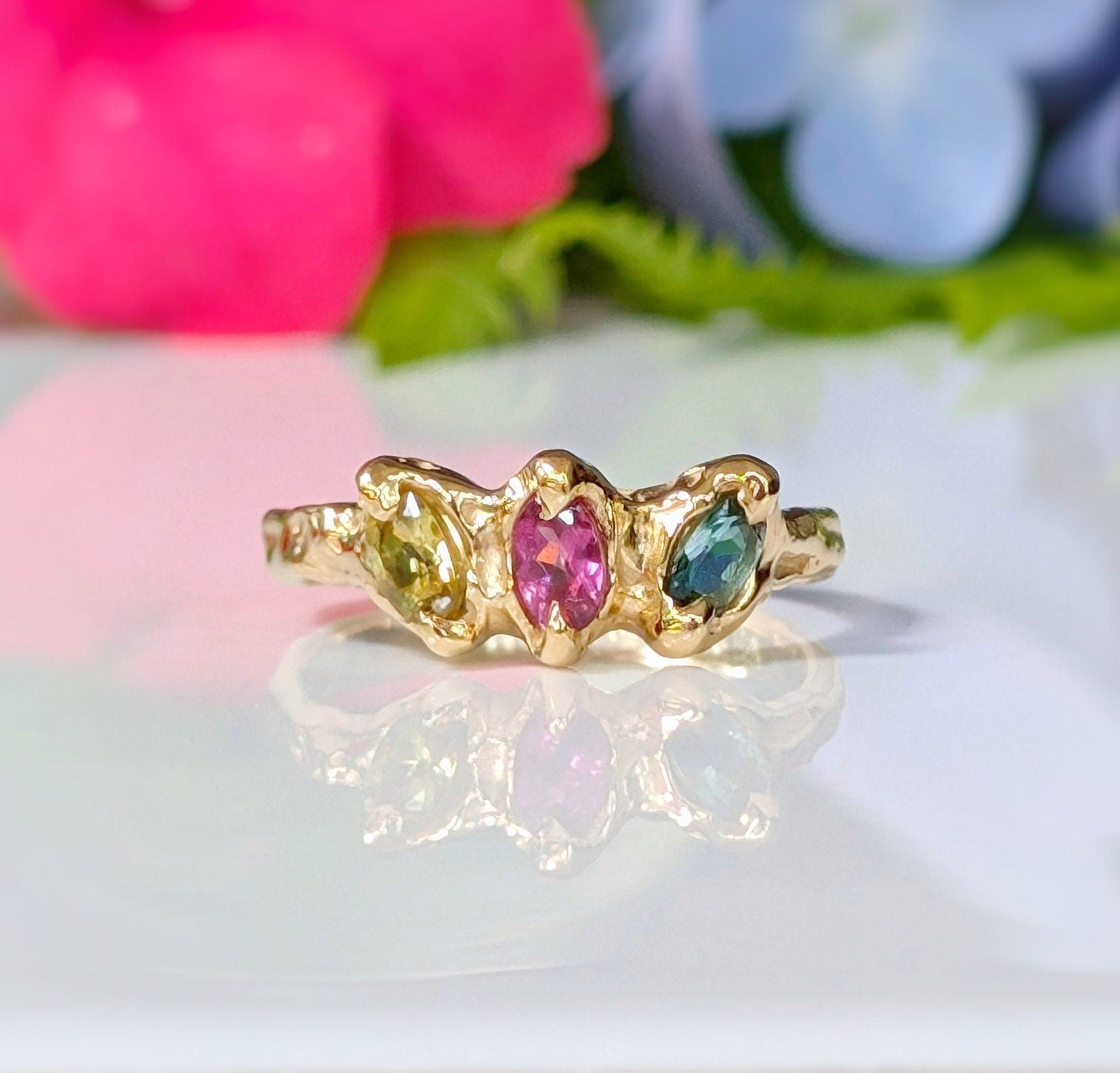 Solid Gold multi Tourmaline ring - Moondrop Creations