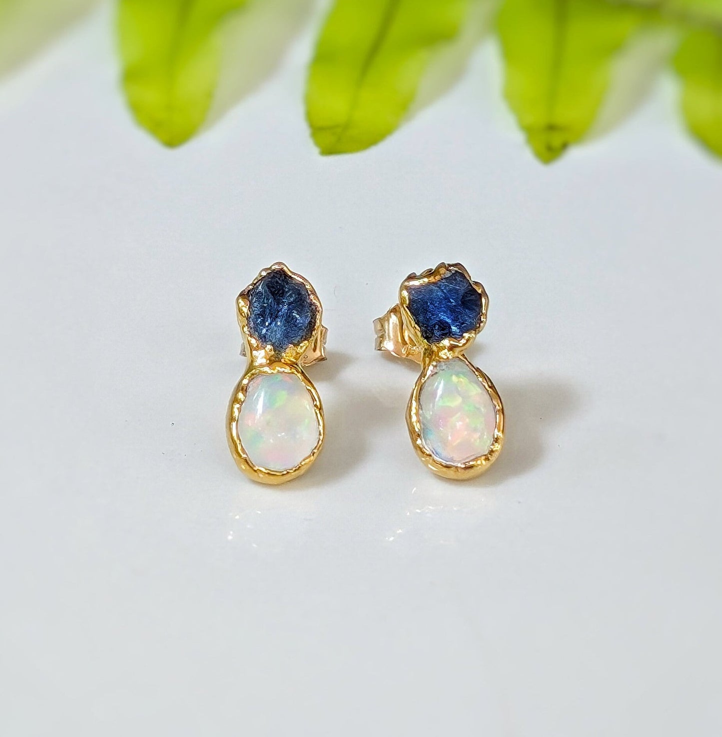 Raw Sapphire and Opal stud earrings