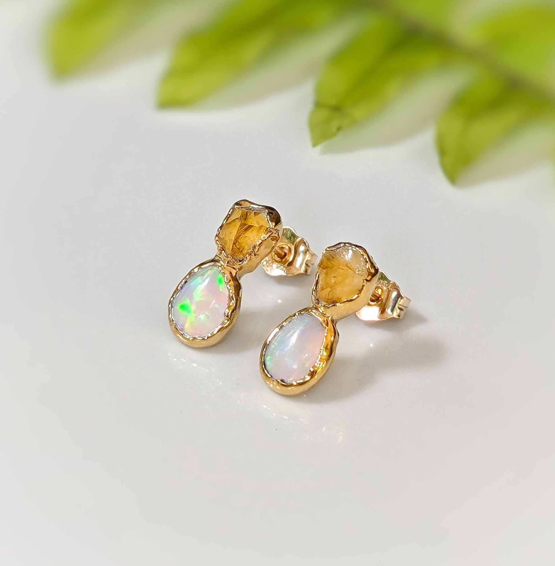 Raw Citrine and Opal stud earrings - Moondrop Creations