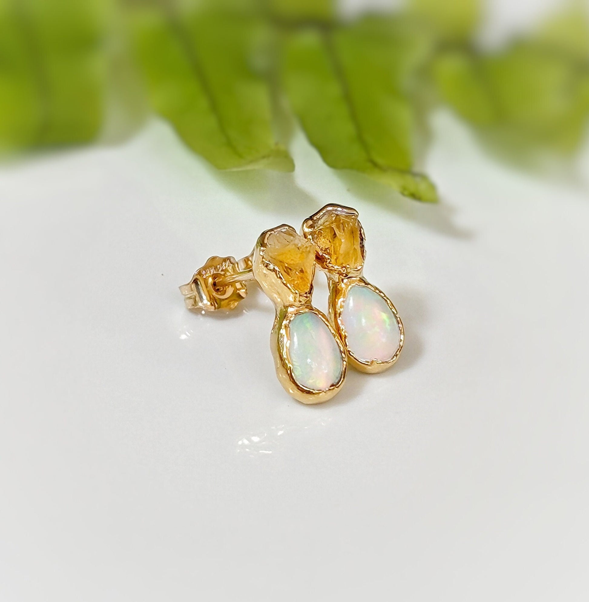 Raw Citrine and Opal stud earrings - Moondrop Creations