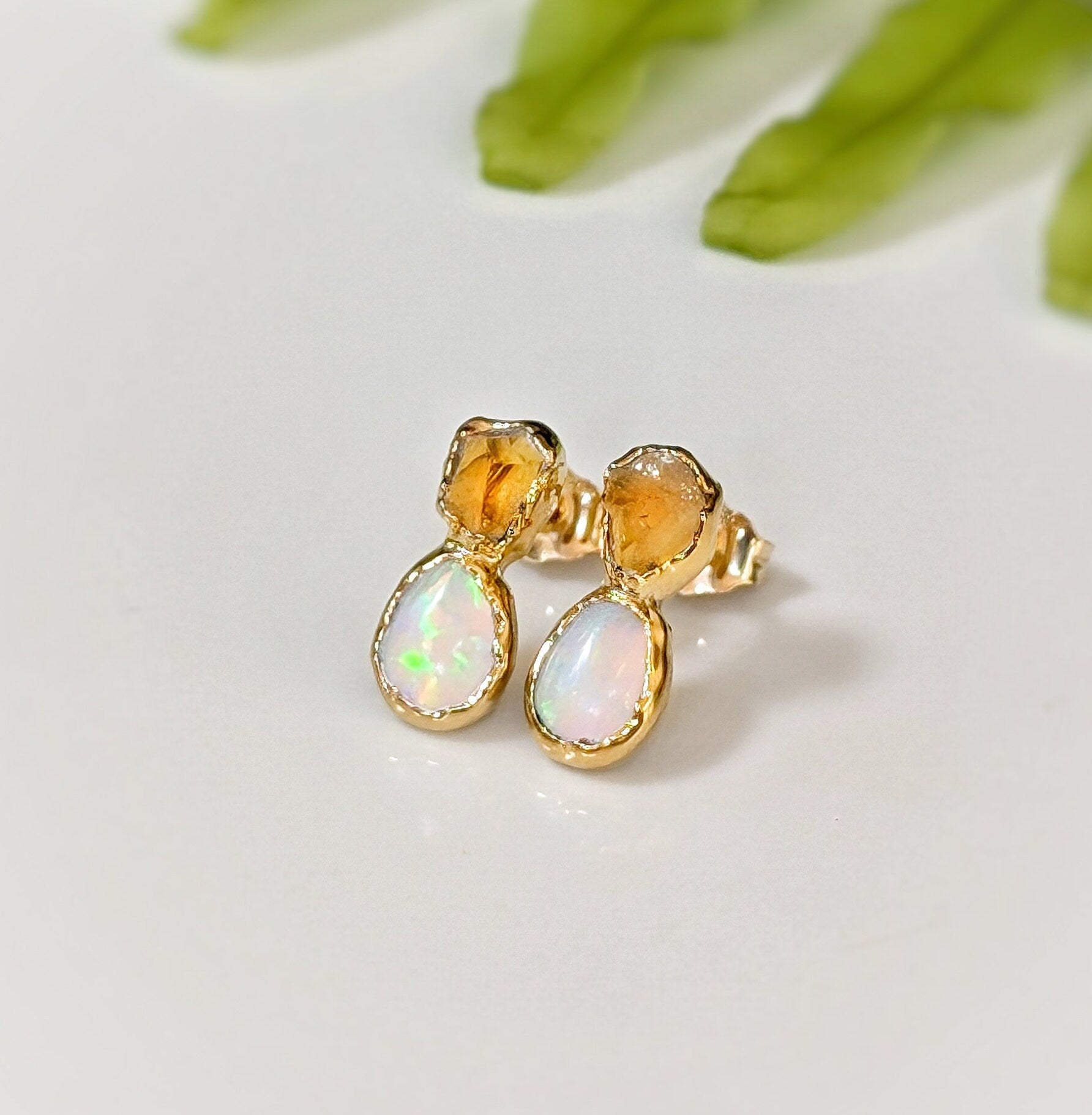 Raw Citrine and Opal stud earrings - Moondrop Creations