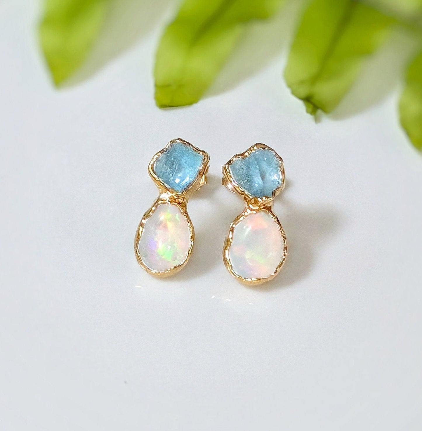 Raw Aquamarine and Opal stud earrings