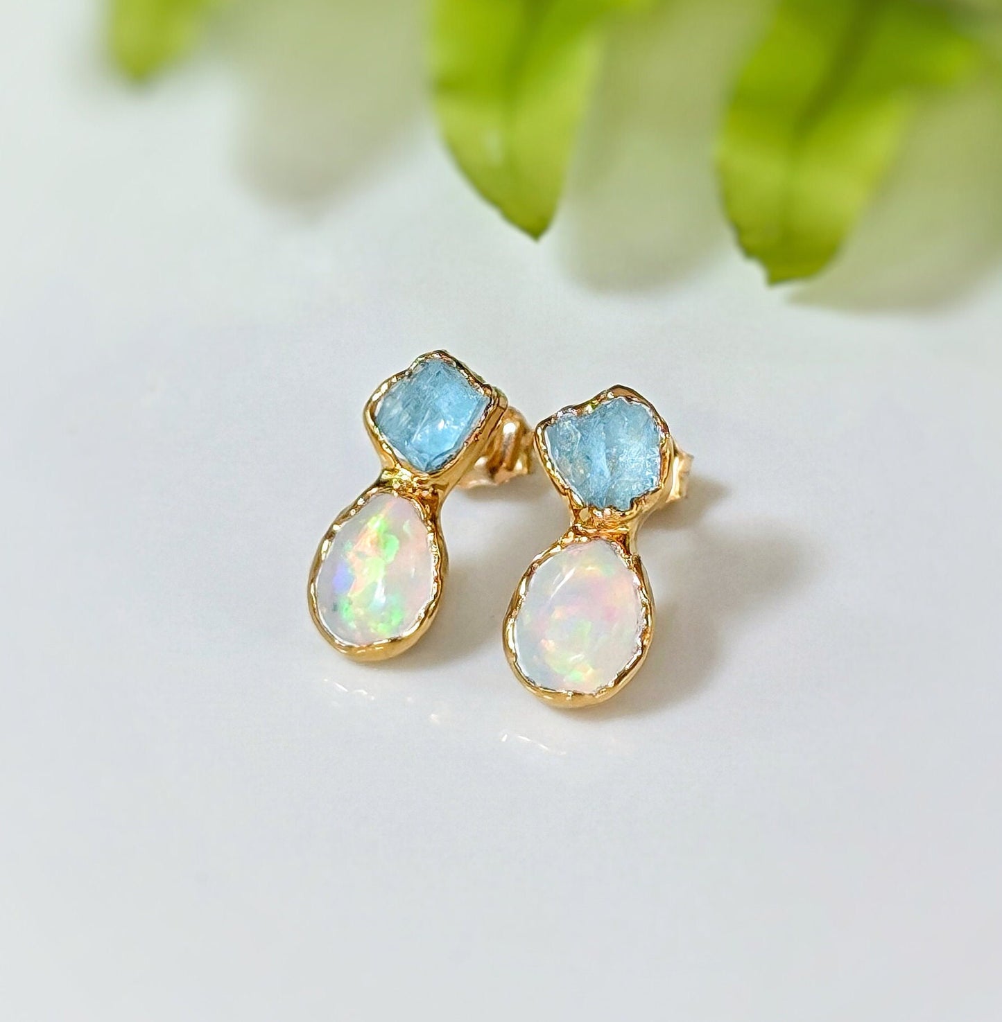 Raw Aquamarine and Opal stud earrings