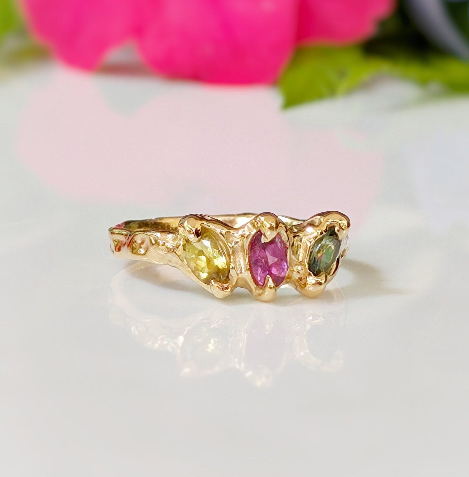 Solid Gold multi Tourmaline ring - Moondrop Creations