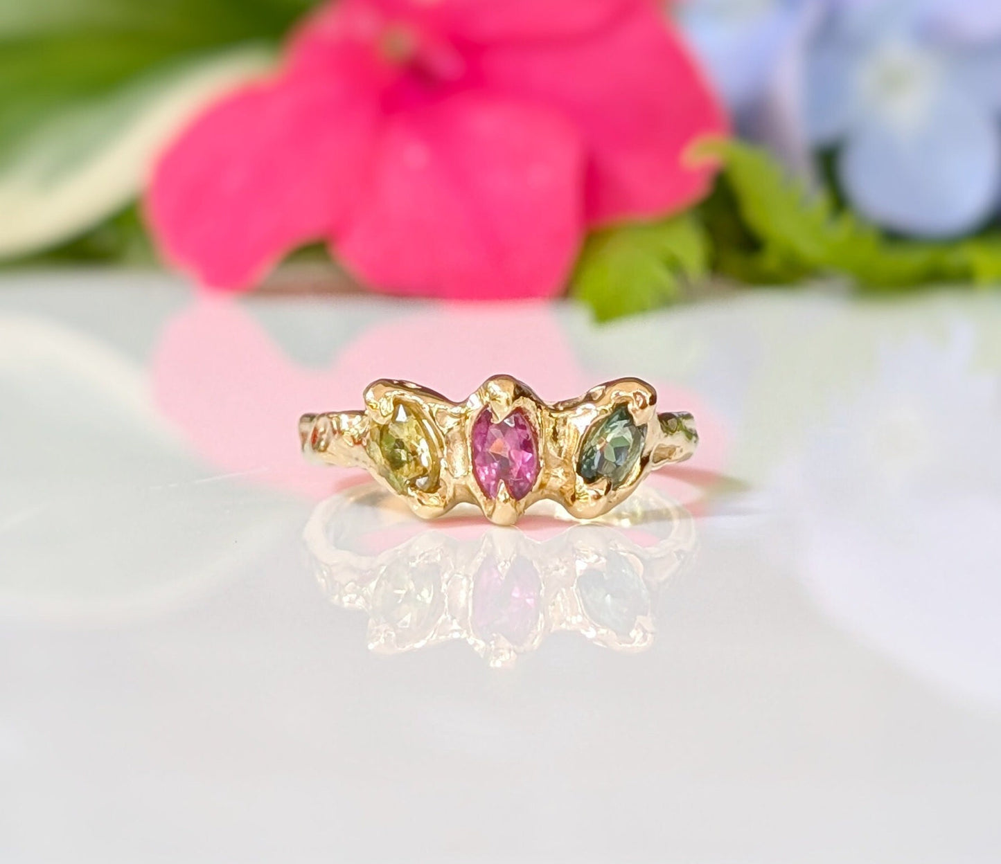 Solid Gold multi Tourmaline ring - Moondrop Creations