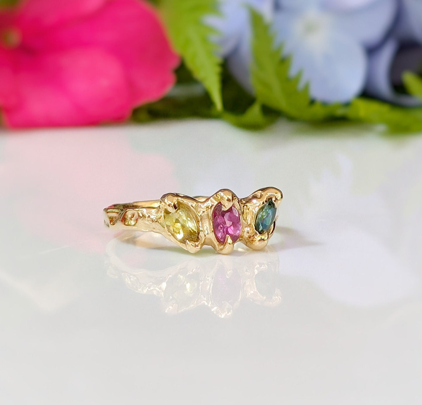 Solid Gold multi Tourmaline ring - Moondrop Creations