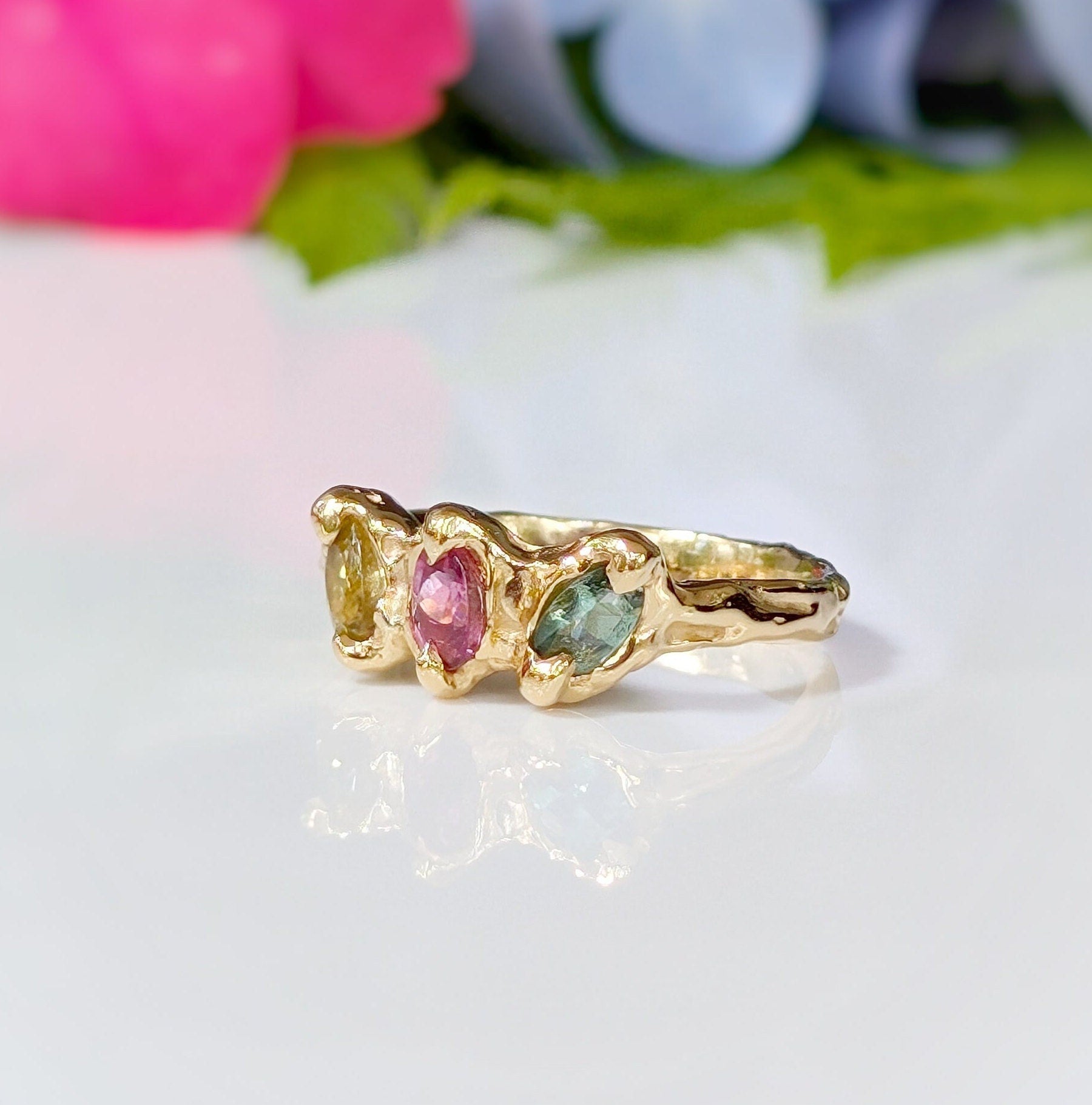 Solid Gold multi Tourmaline ring - Moondrop Creations