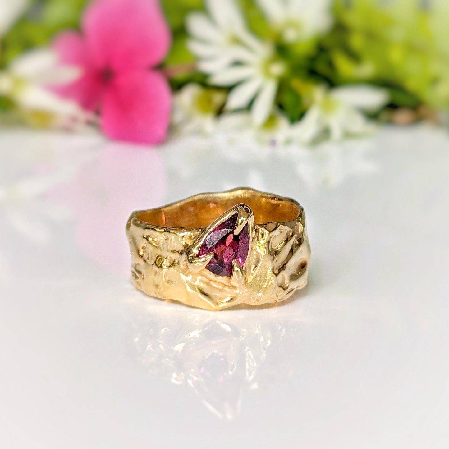 Rubellite Tourmaline Solid Gold textured ring - Moondrop Creations