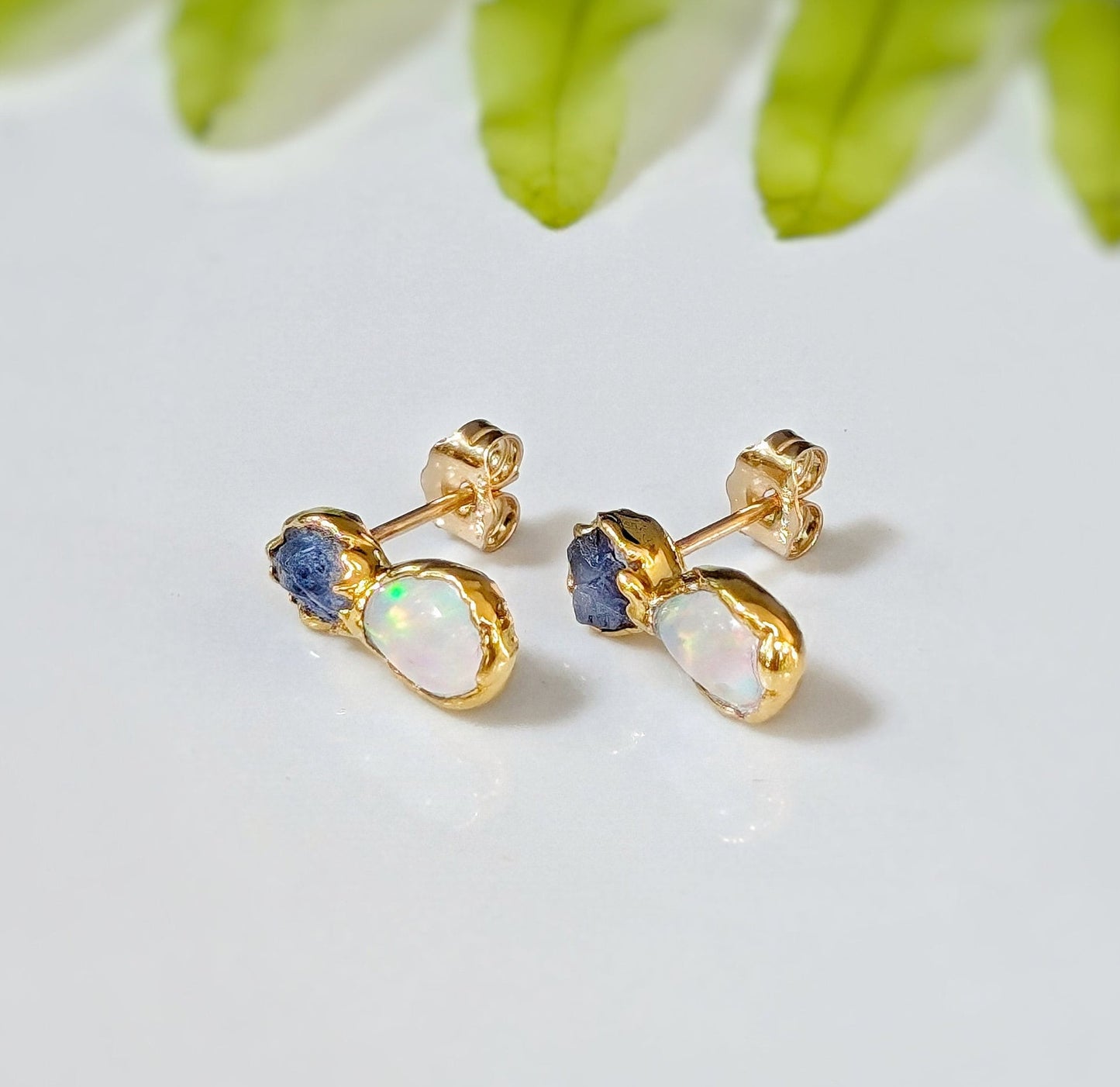 Raw Sapphire and Opal stud earrings