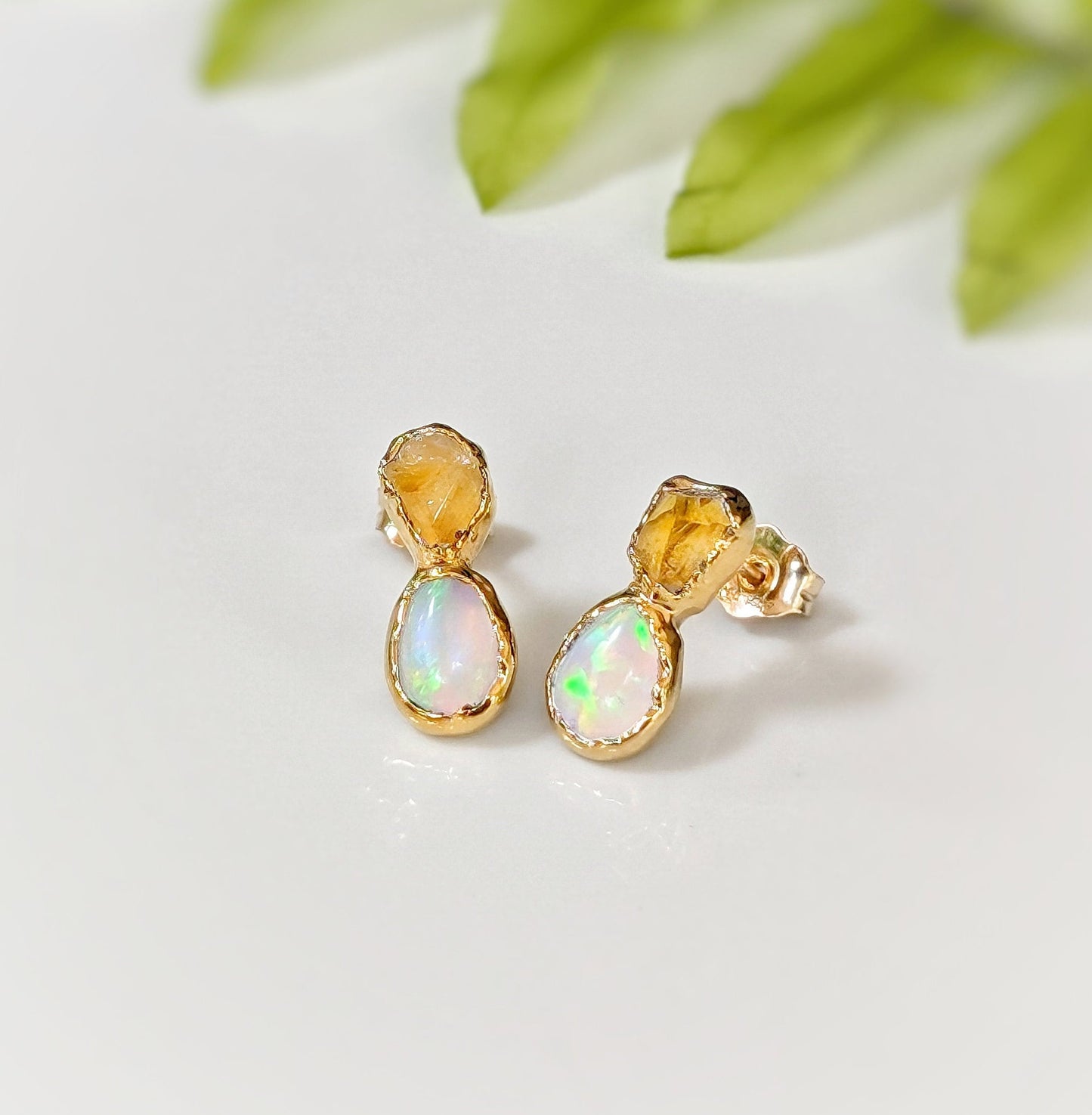 Raw Citrine and Opal stud earrings - Moondrop Creations