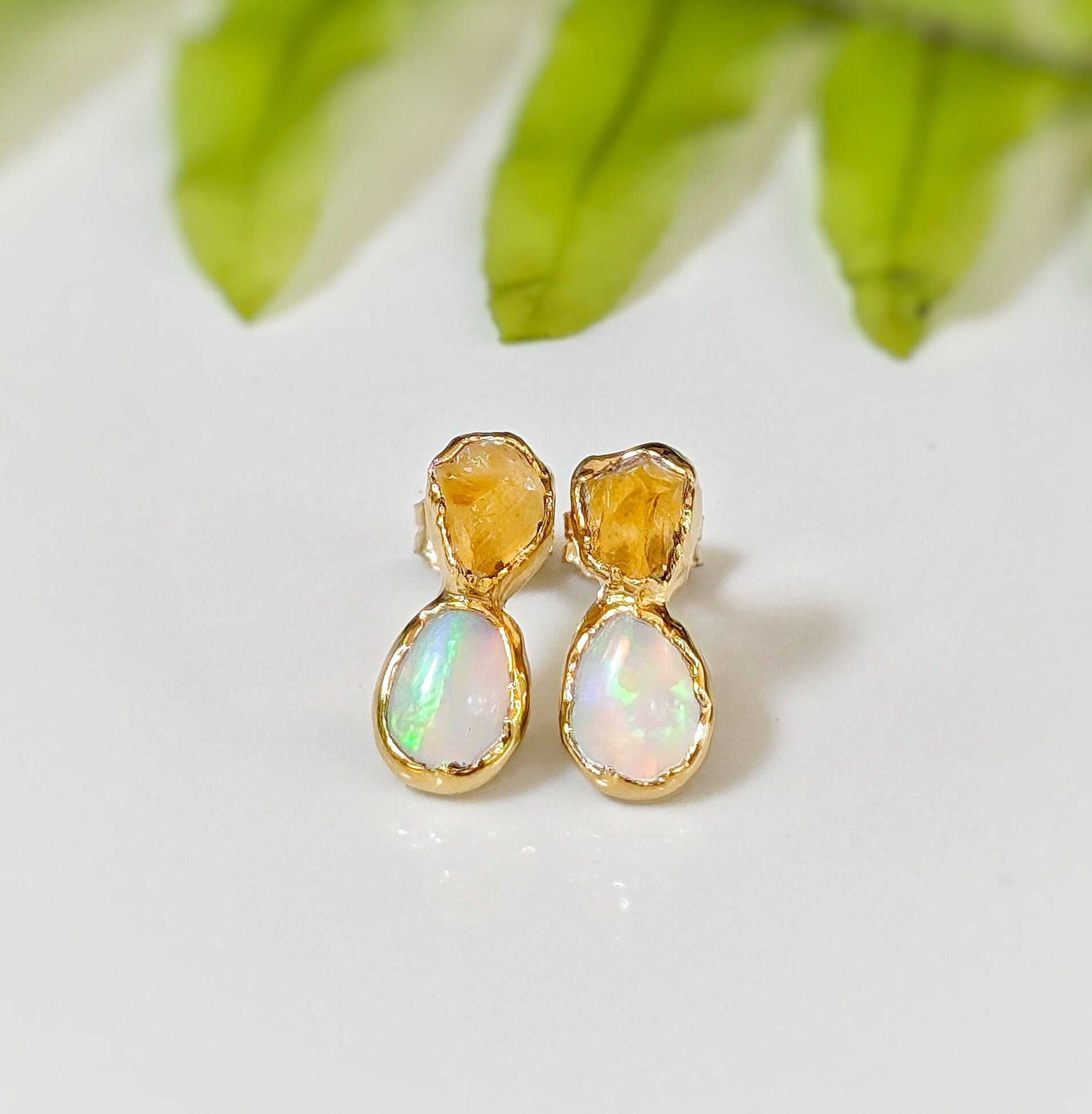 Raw Citrine and Opal stud earrings - Moondrop Creations