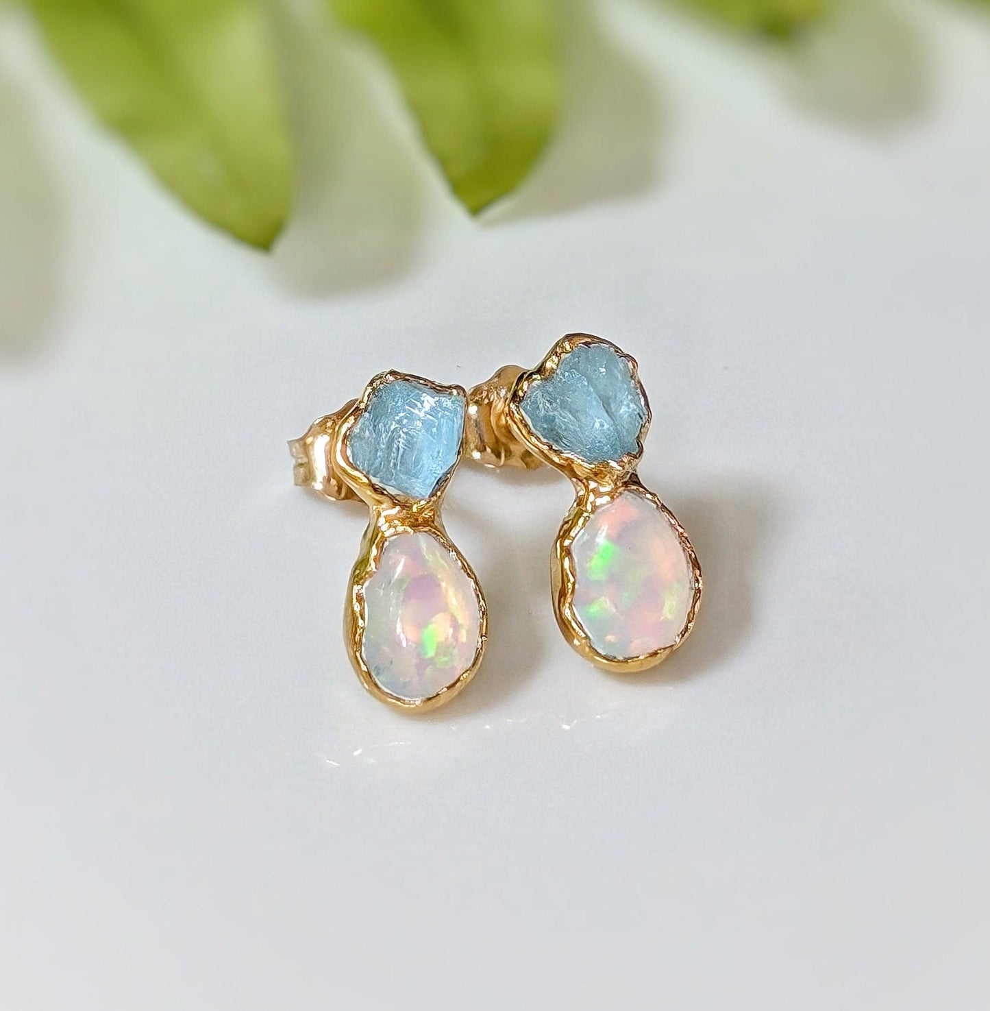 Raw Aquamarine and Opal stud earrings