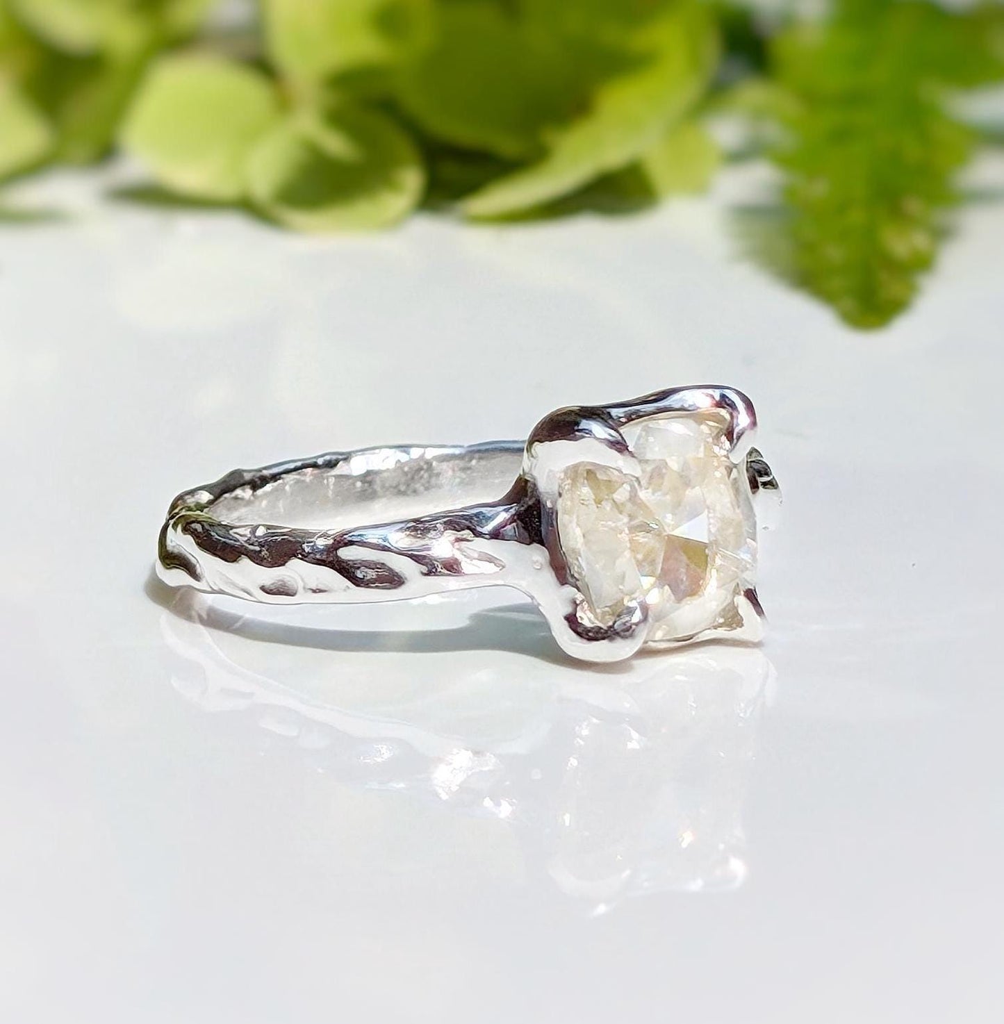 Gold Moissanite textured ring ~ Moissanite engagement ring - Moondrop Creations