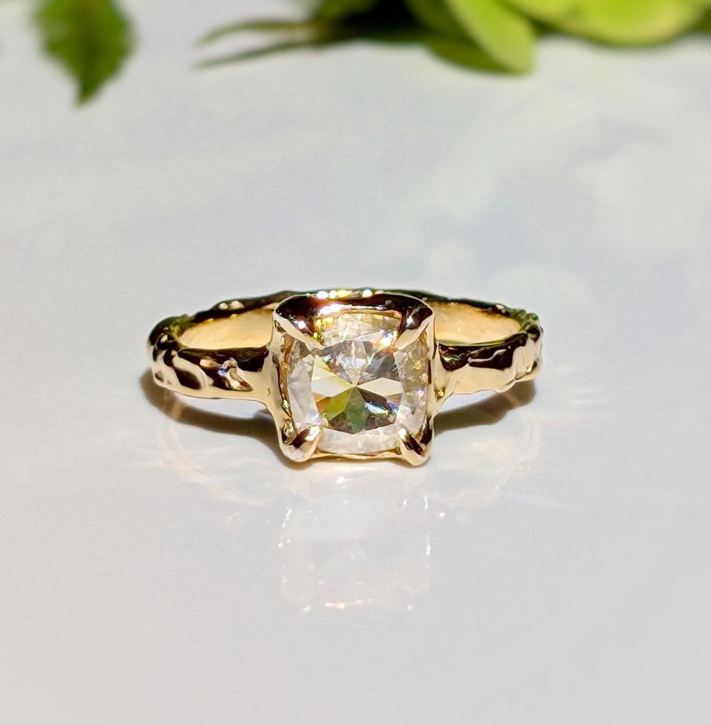 Moissanite engagement ring ~ Gold textured diamond ring - Moondrop Creations