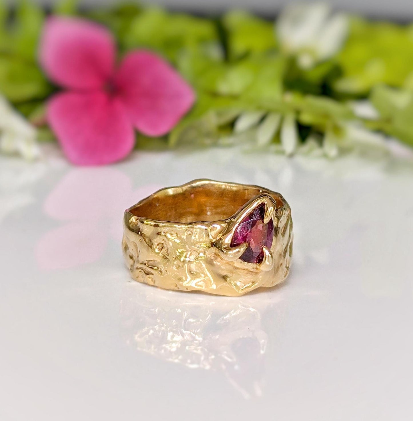 Rubellite Tourmaline Solid Gold textured ring - Moondrop Creations