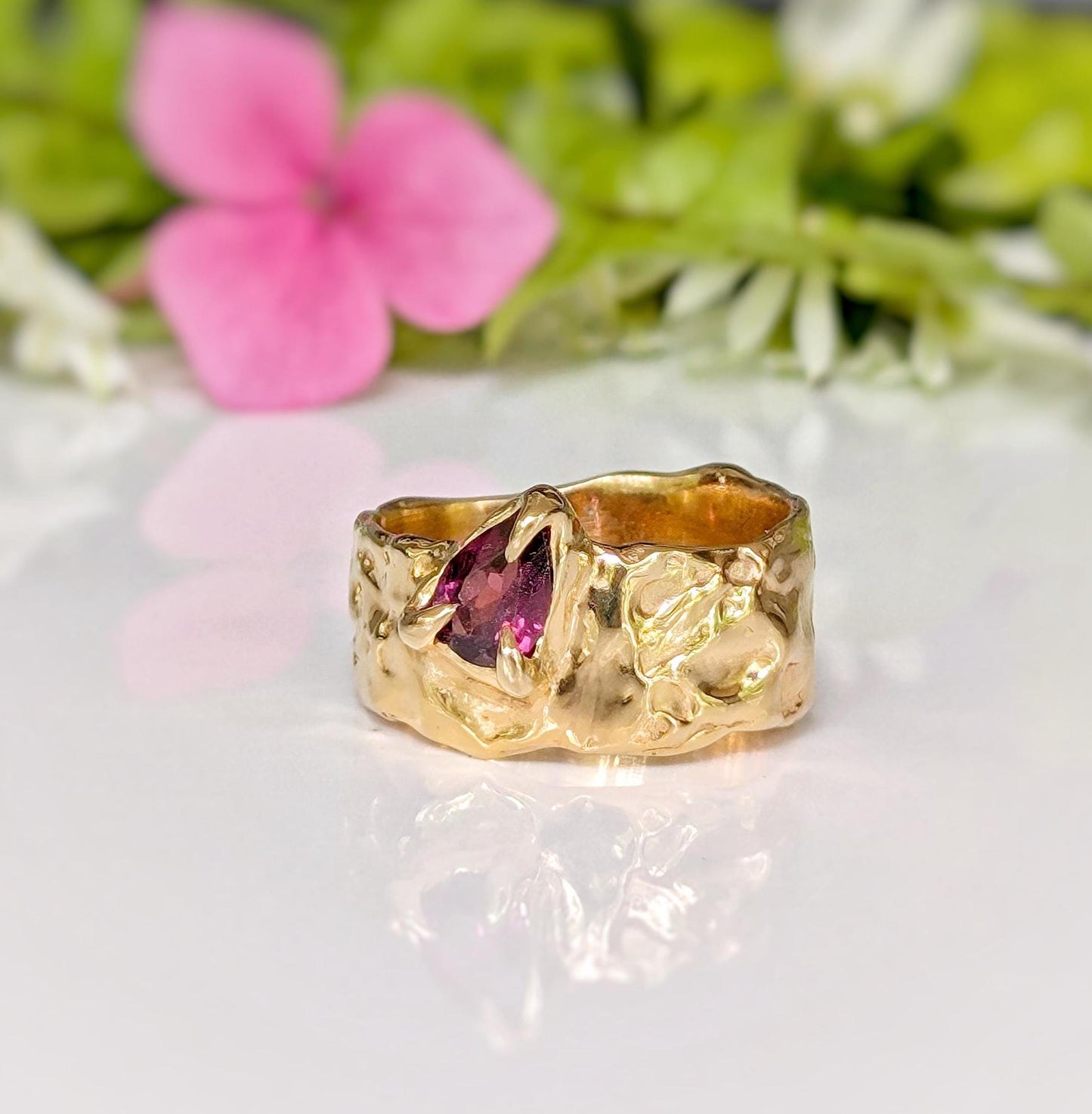 Rubellite Tourmaline Solid Gold textured ring - Moondrop Creations