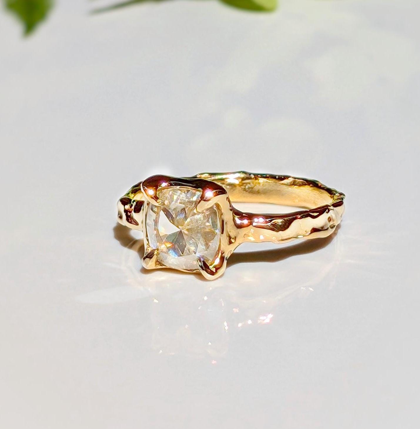 Moissanite engagement ring ~ Gold textured diamond ring - Moondrop Creations