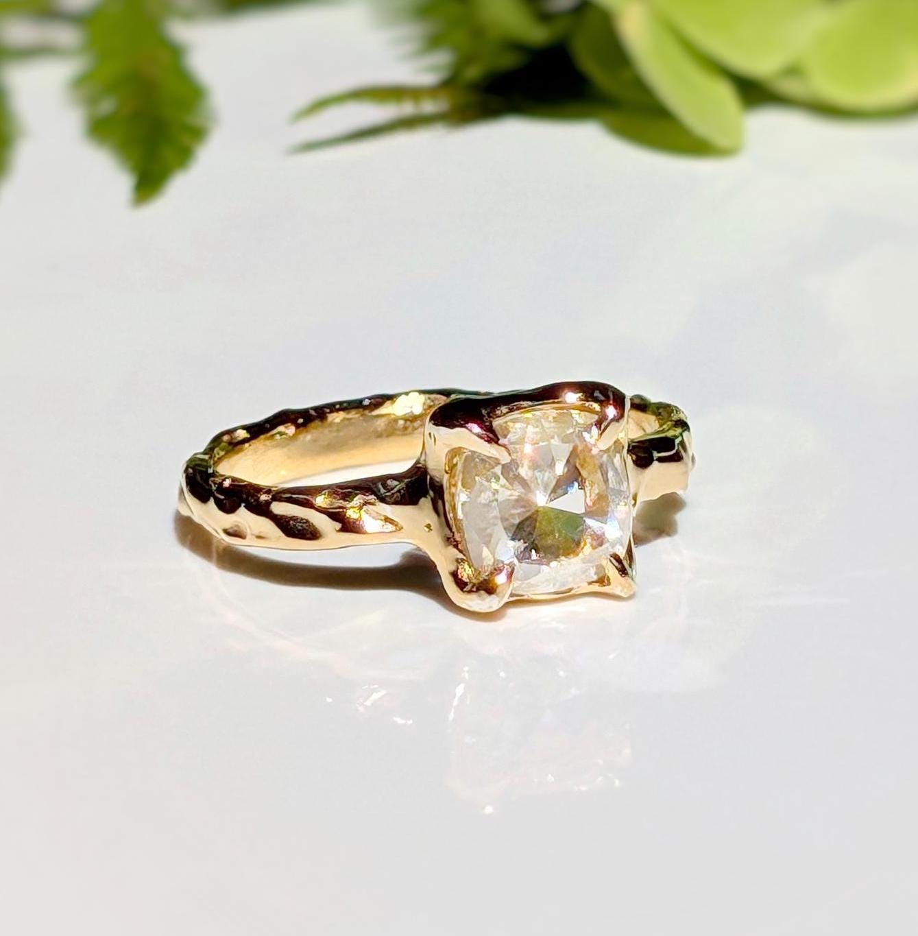 Gold Moissanite textured ring ~ Moissanite engagement ring - Moondrop Creations