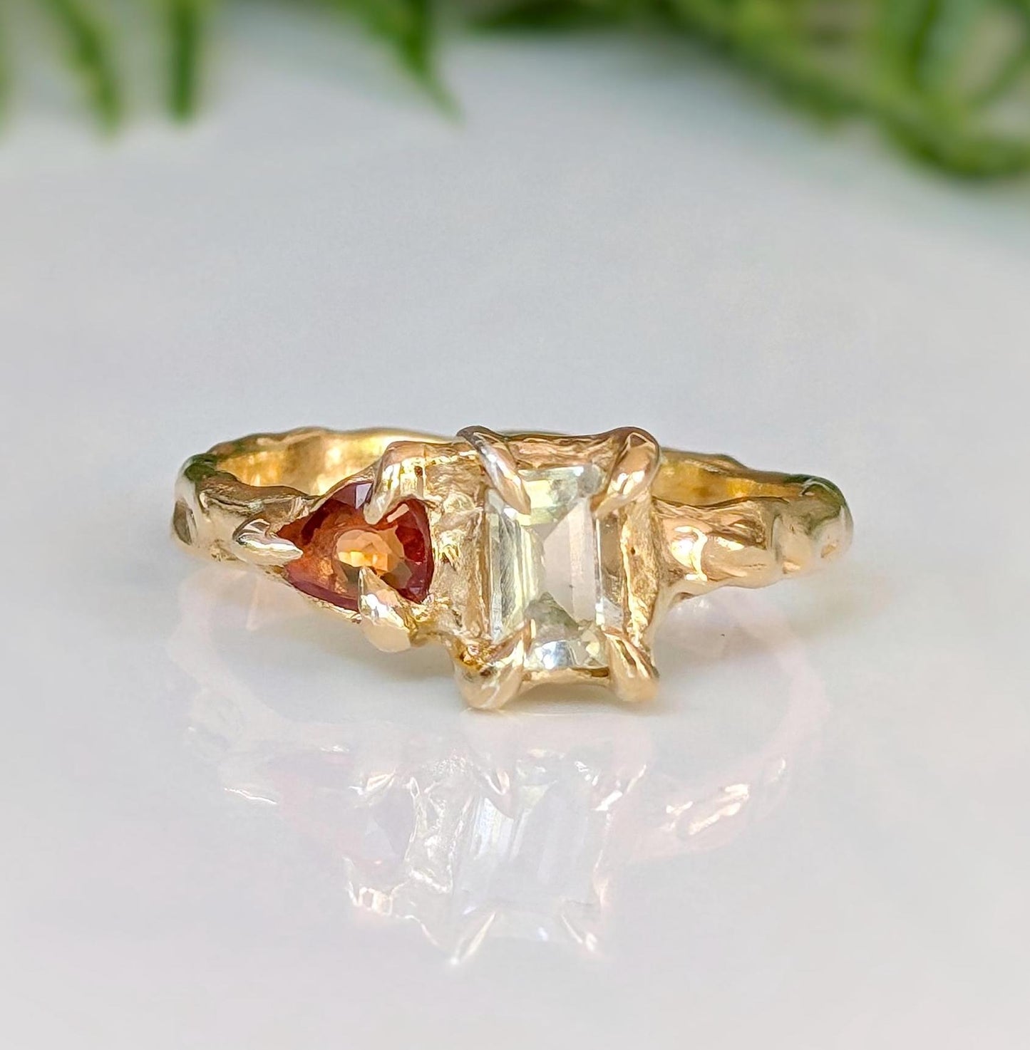 Heliodor and Orange Sapphire ring in Solid 14k Gold