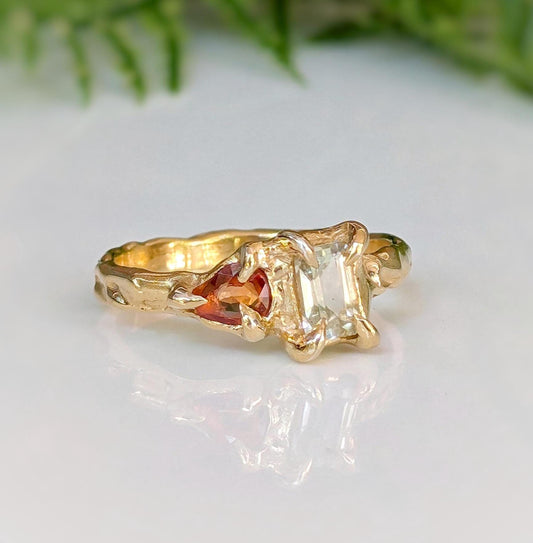 Heliodor and Orange Sapphire ring in Solid 14k Gold