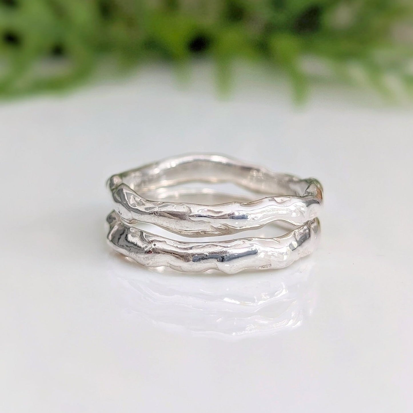2 Handcrafted Molten Silver textured wedding bands