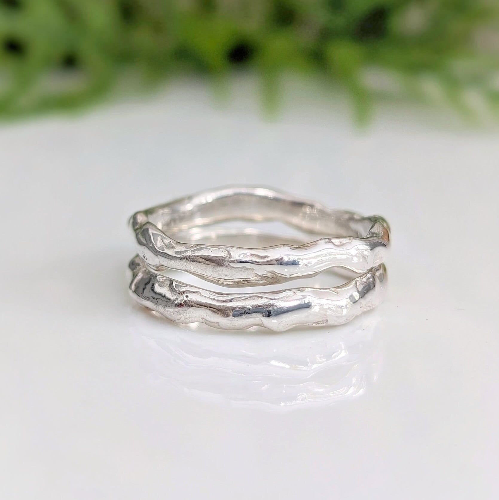 2 Handcrafted Molten Silver textured wedding bands