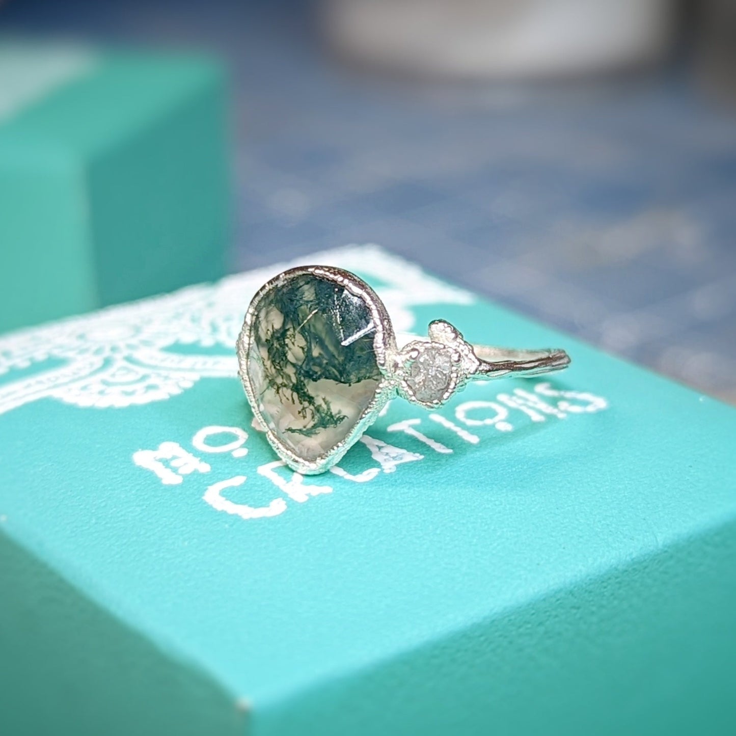 Large Pear shape Moss Agate and Raw diamond Engagement ring on Twig style Sterling Silver band