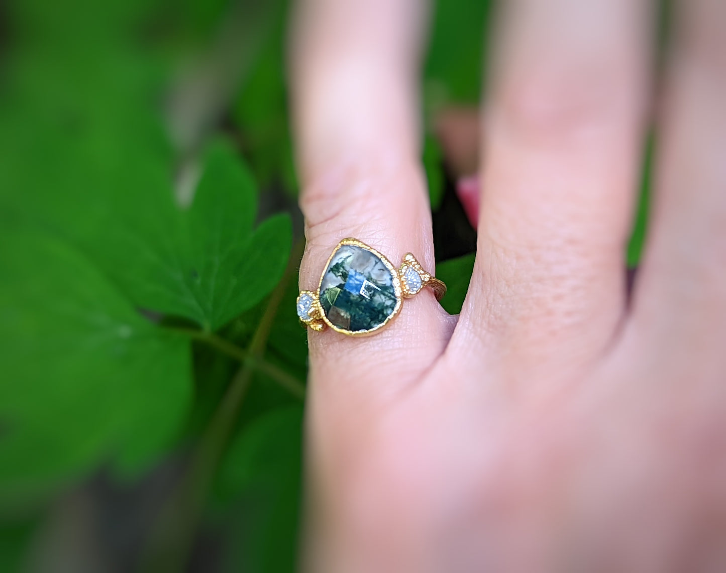 Large Pear shape Moss Agate and Raw diamond Engagement ring on Twig style 18k Gold plated band