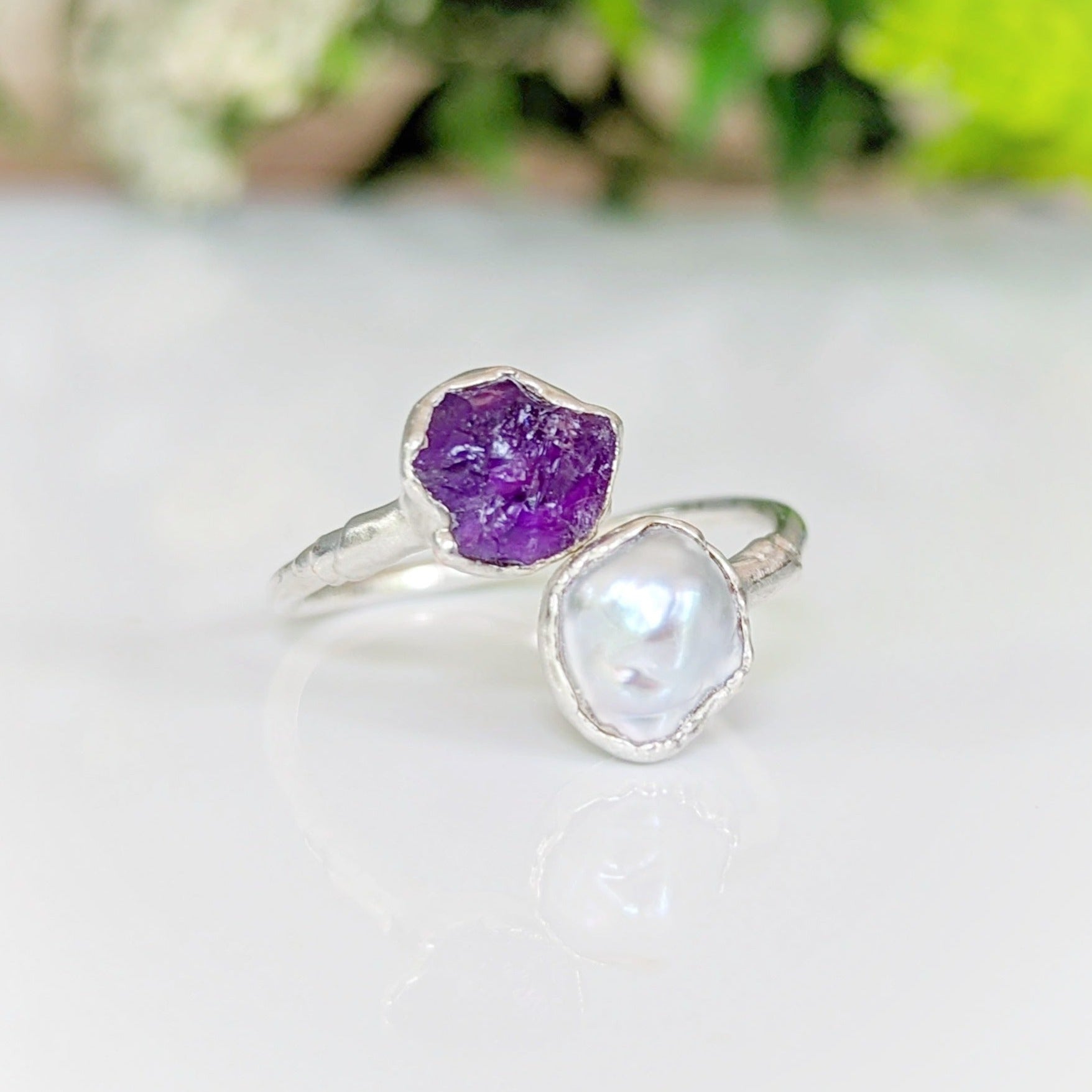 Toi et Moi raw gemstone ring ~ Family Birthstone ring in unique Fine 99.9 Silver setting
