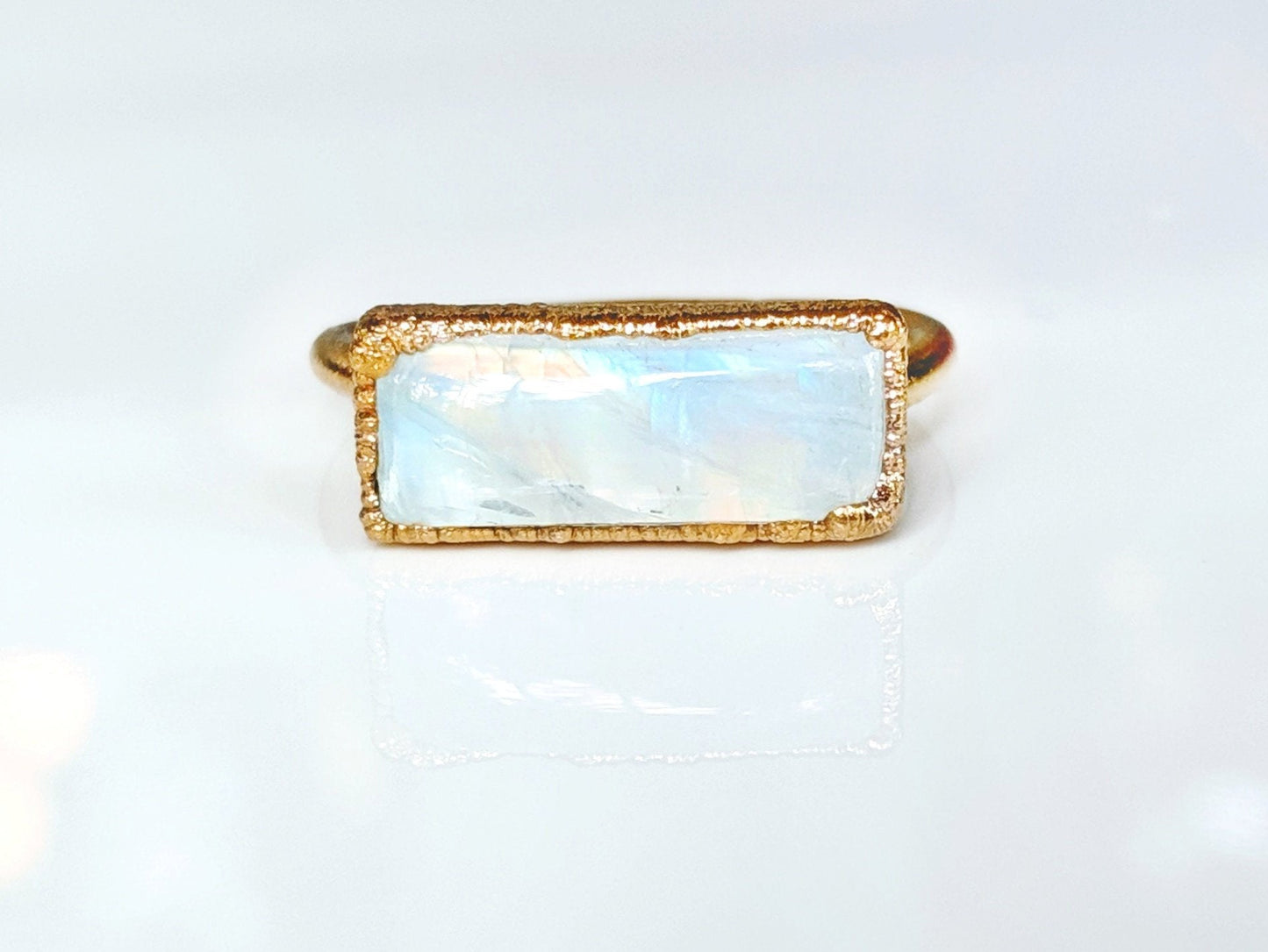 Natural Moonstone Bar ring in unique 18k Gold setting
