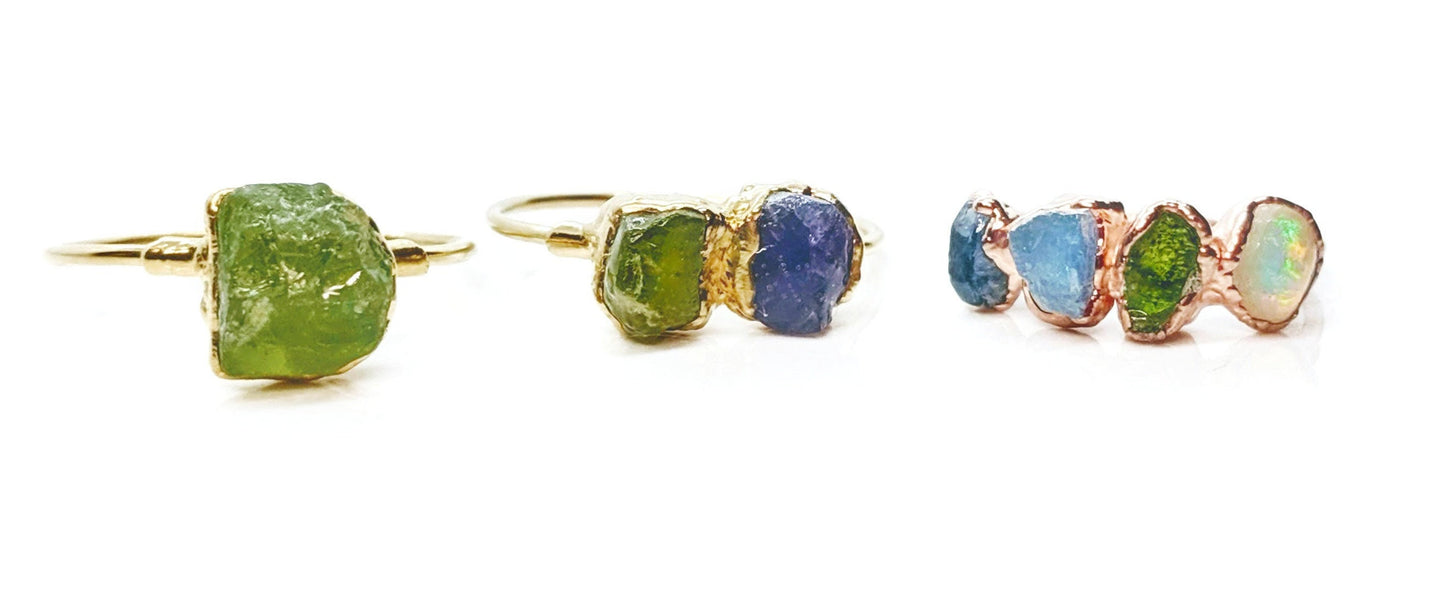 Raw gemstone Mother's rings ~ Family Birthstone rings in unique 18k Gold setting