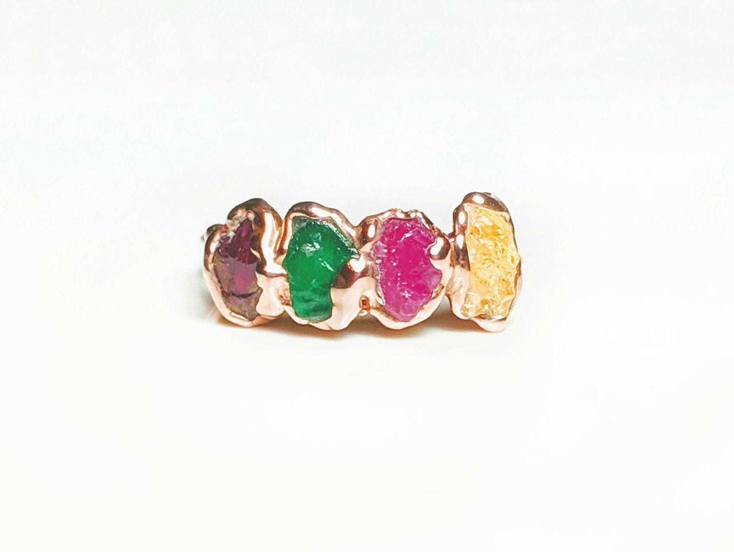Raw 4-stone Mother's ring ~ Family Birthstone ring in unique 18k Gold setting