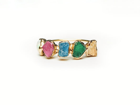 Raw 5-gemstone Mother's ring ~ Family Birthstone ring in unique 18k Gold setting