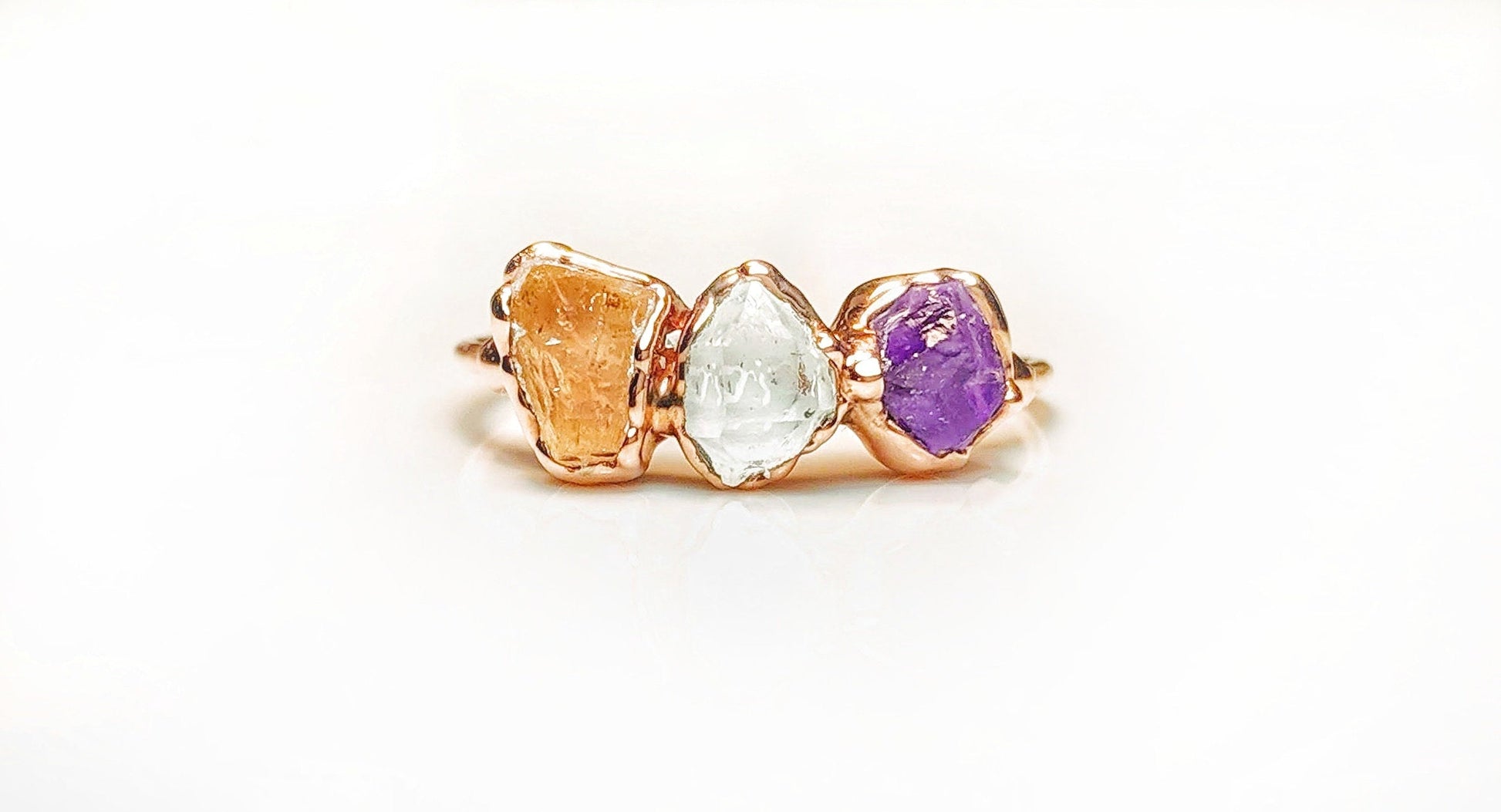 Raw 3-stone Mother's ring ~ Family Birthstone ring in unique 18k Gold setting