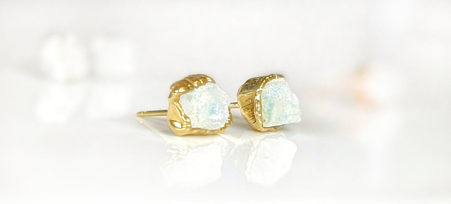 Raw Rainbow Moonstone stud earrings in unique 18k Gold setting