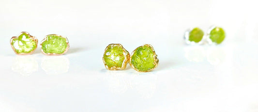 Raw Green Peridot stud earrings in unique 18k Gold setting