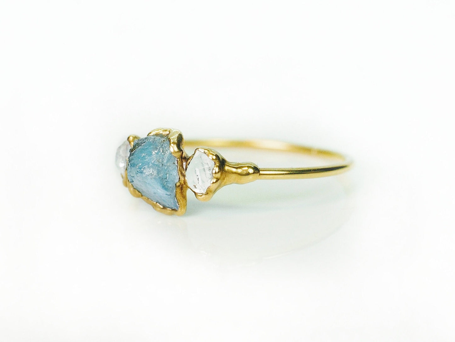 Raw Aquamarine & Herkimer diamond ring