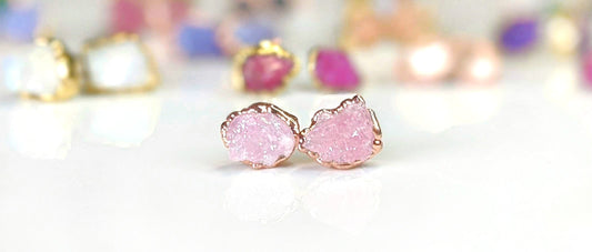 Raw Rose Quartz stud earrings in unique 18k Gold setting