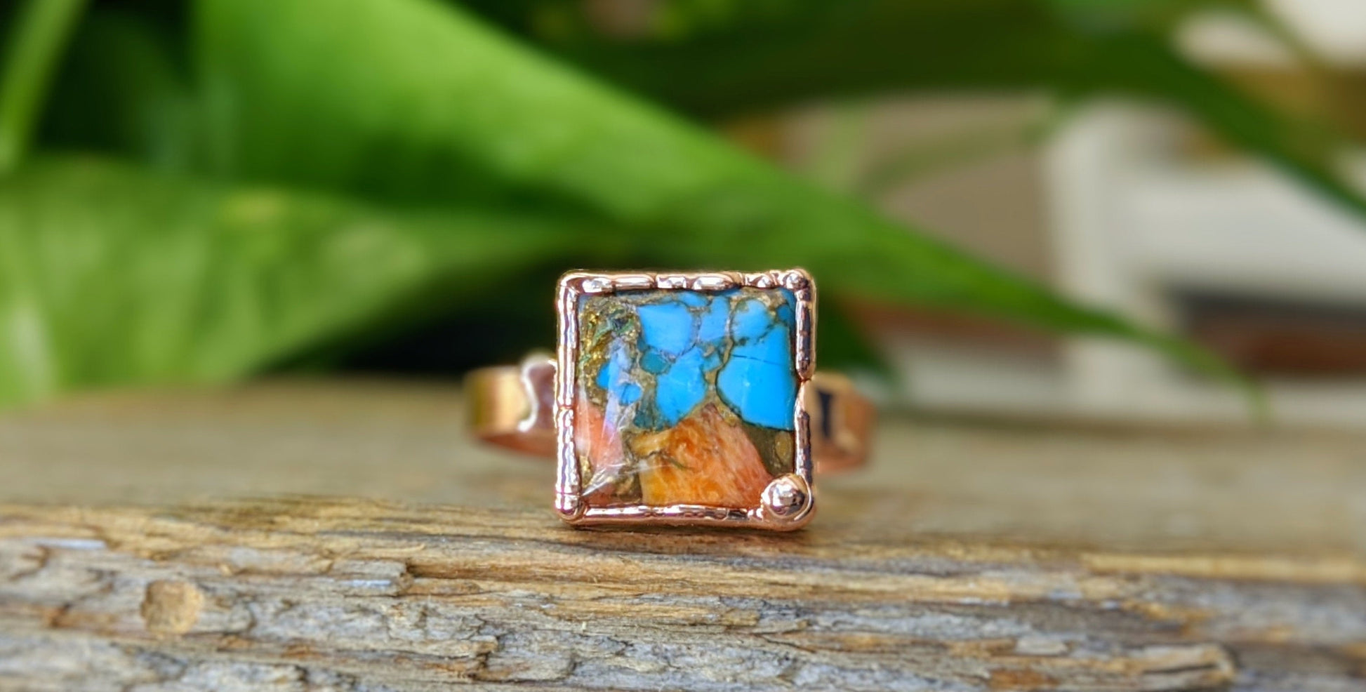Square Pink Opal Copper Turquoise ring in unique 18k Gold setting