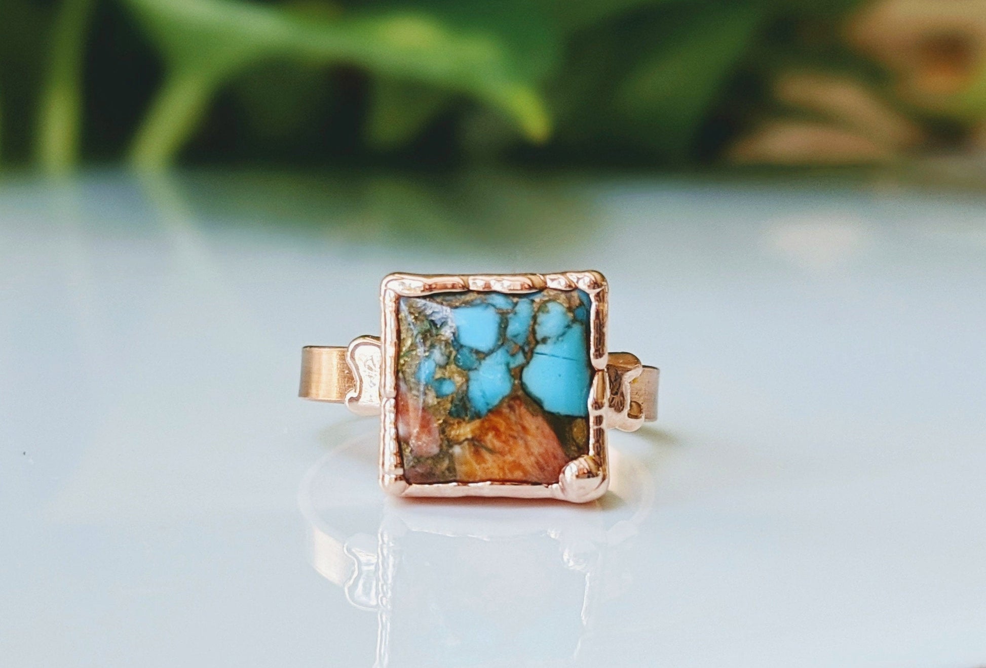 Oval Bronze Pink Opal Turquoise Copper Infused Sterling Silver Ring -  Gilded Bug Jewelry
