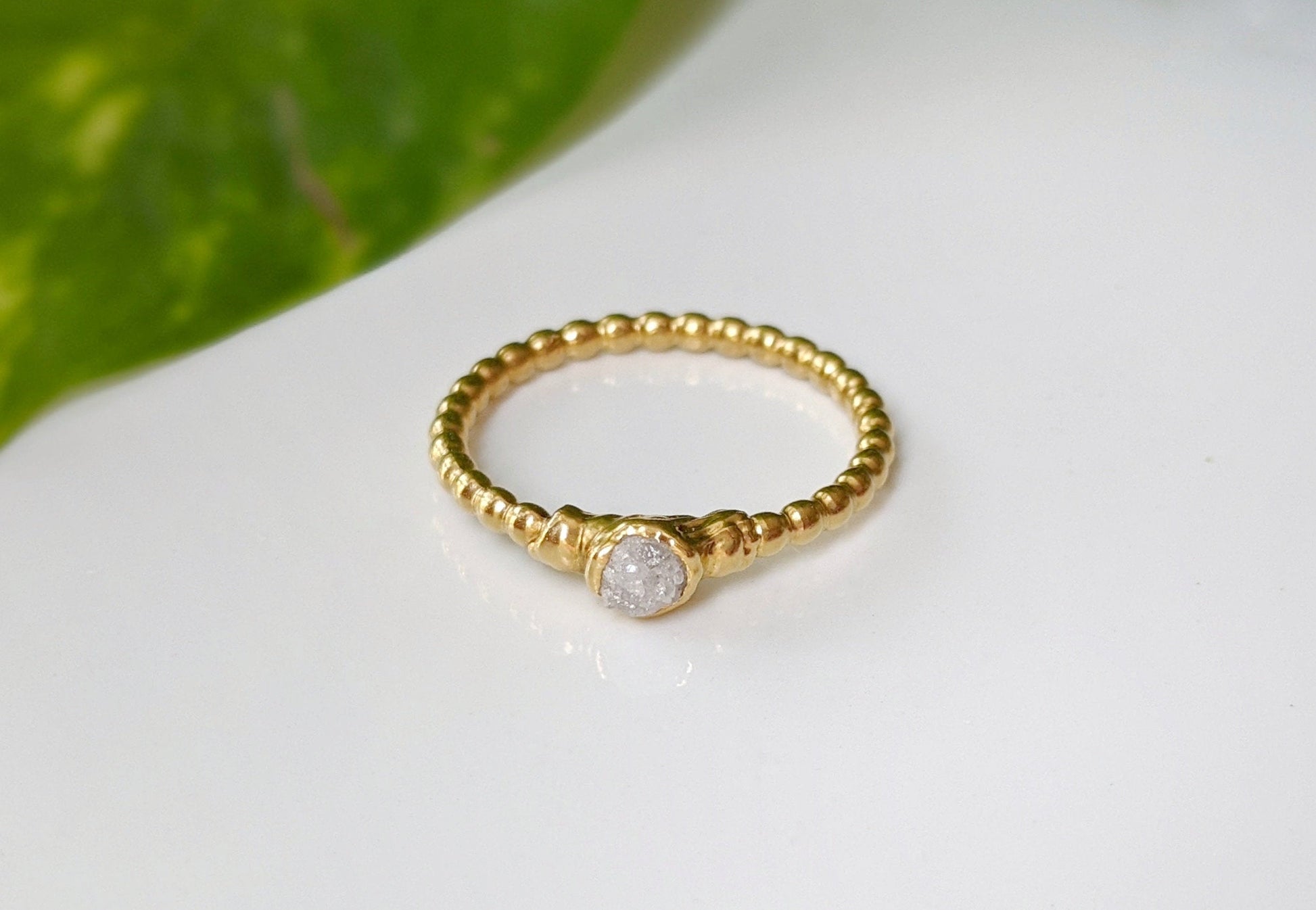 Raw diamond beaded engagement ring