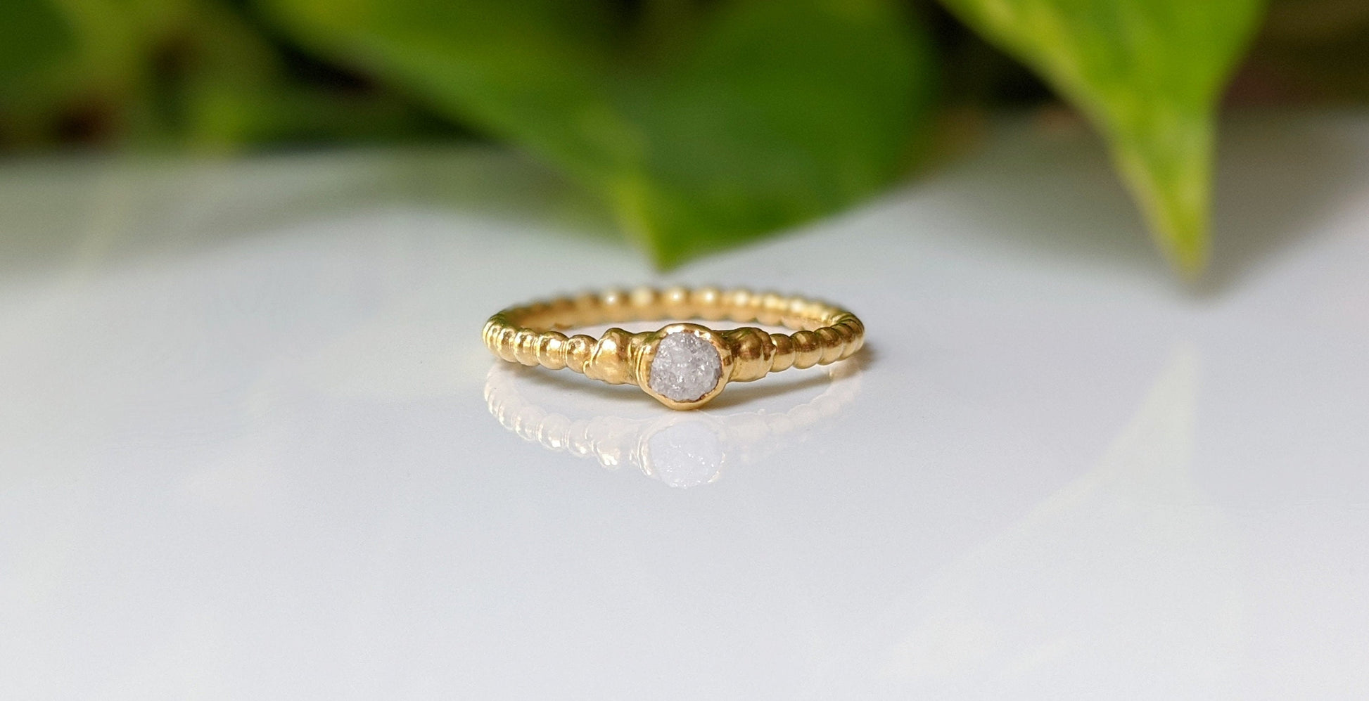 Raw diamond beaded engagement ring