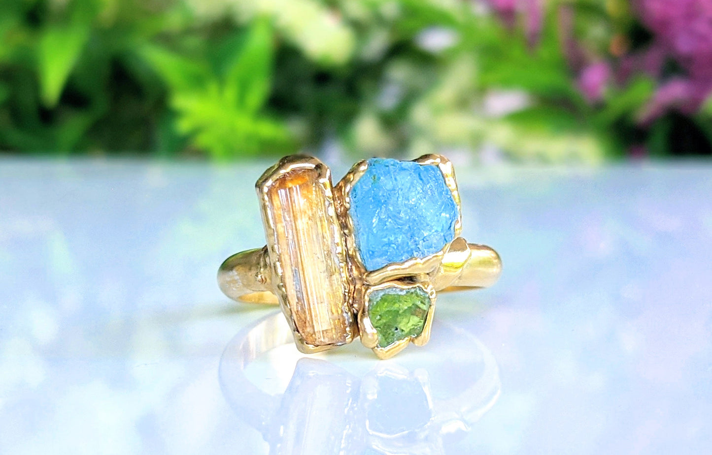Raw Topaz, Aquamarine and Peridot Cluster ring in unique 18k Gold setting