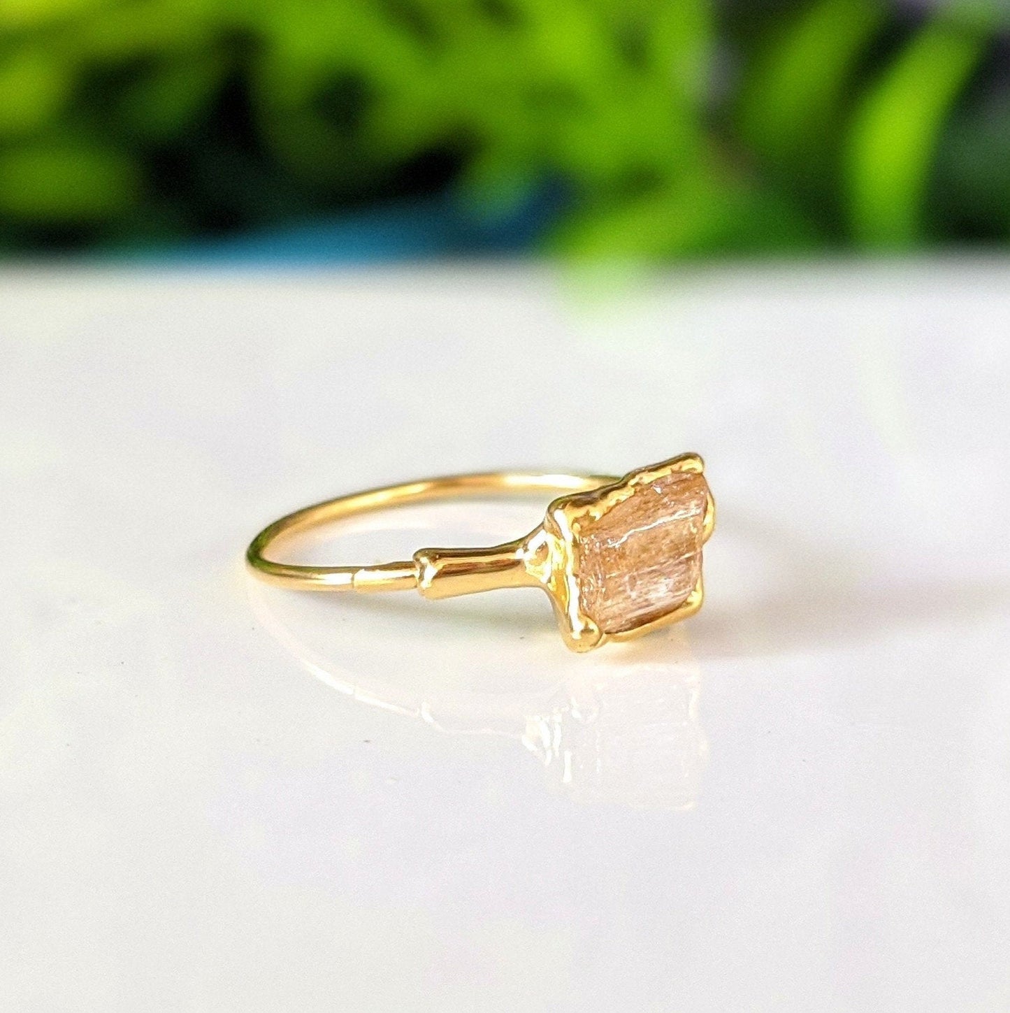 Raw Golden Imperial Topaz ring uniquely set in 18k Gold