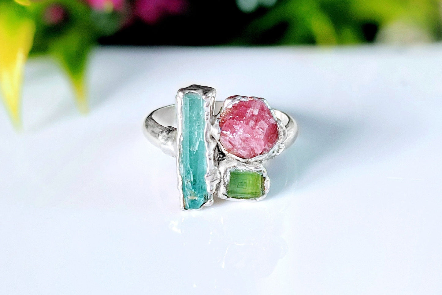 Raw Blue, Pink and Green Tourmaline Cluster ring in unique Fine 99.9 Silver setting