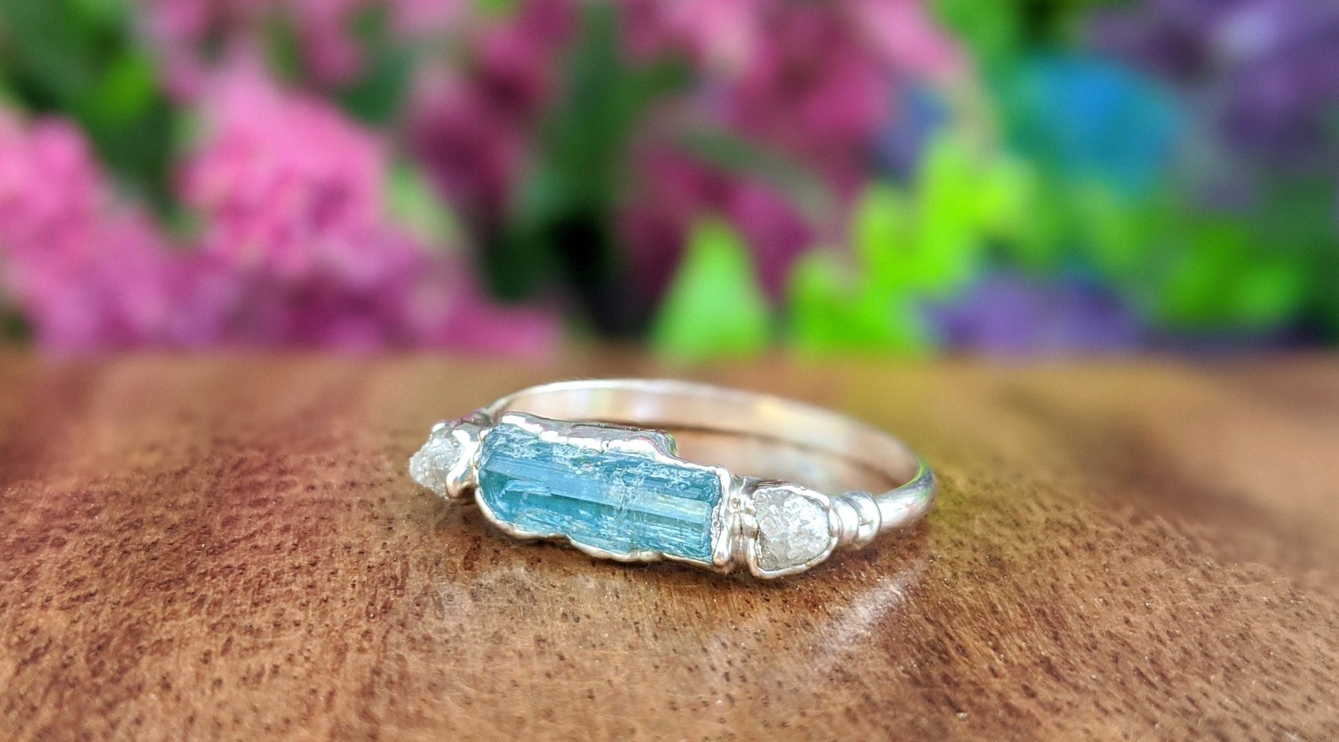 Blue Tourmaline and raw diamond Silver bar ring - Moondrop Creations